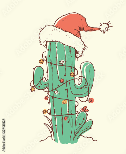 Cactus christmas red Santa hat .Vector color hand drawn illustration