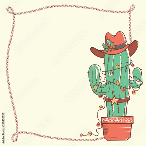 Cactus christmas with cowboy hat and lasso frame .Vector hand drawn illustration