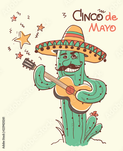 Cinco de mayo Cactus playing the guitar.Vector color illustration © GeraKTV
