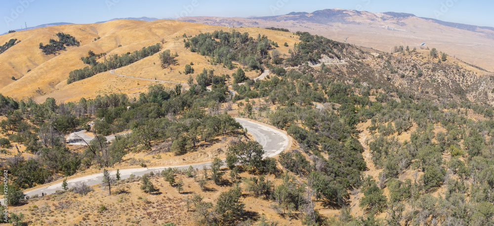 Abandoned road winds through hilly California woodland near the central Valley.