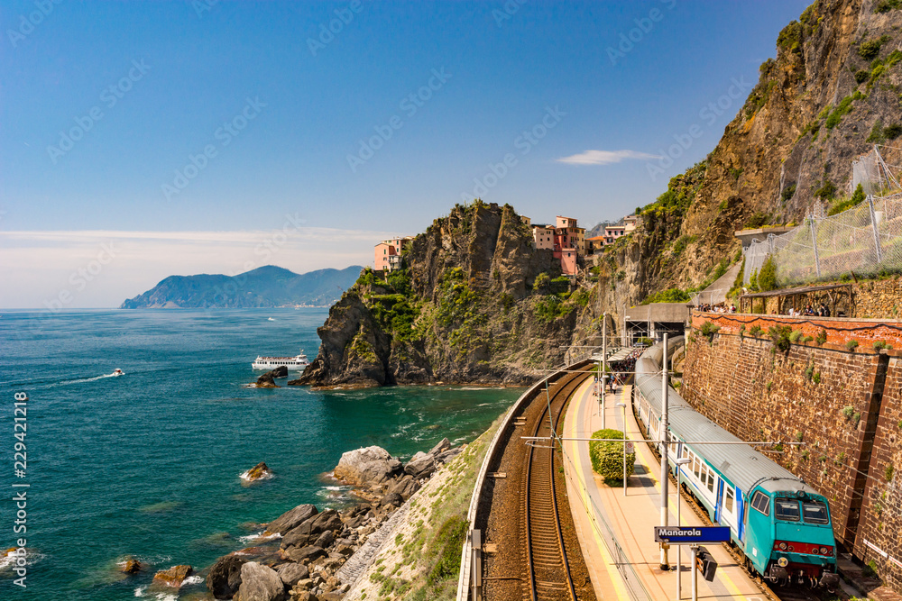 Coastal train station at picturesque seascape view.