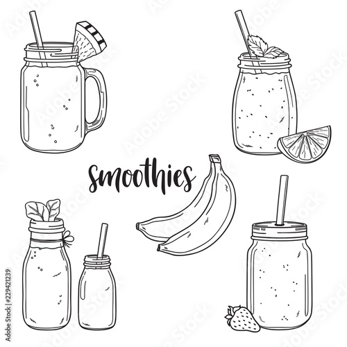 Set of hand drawn smoothies in jars and bottles with fruit and greenery ingredients