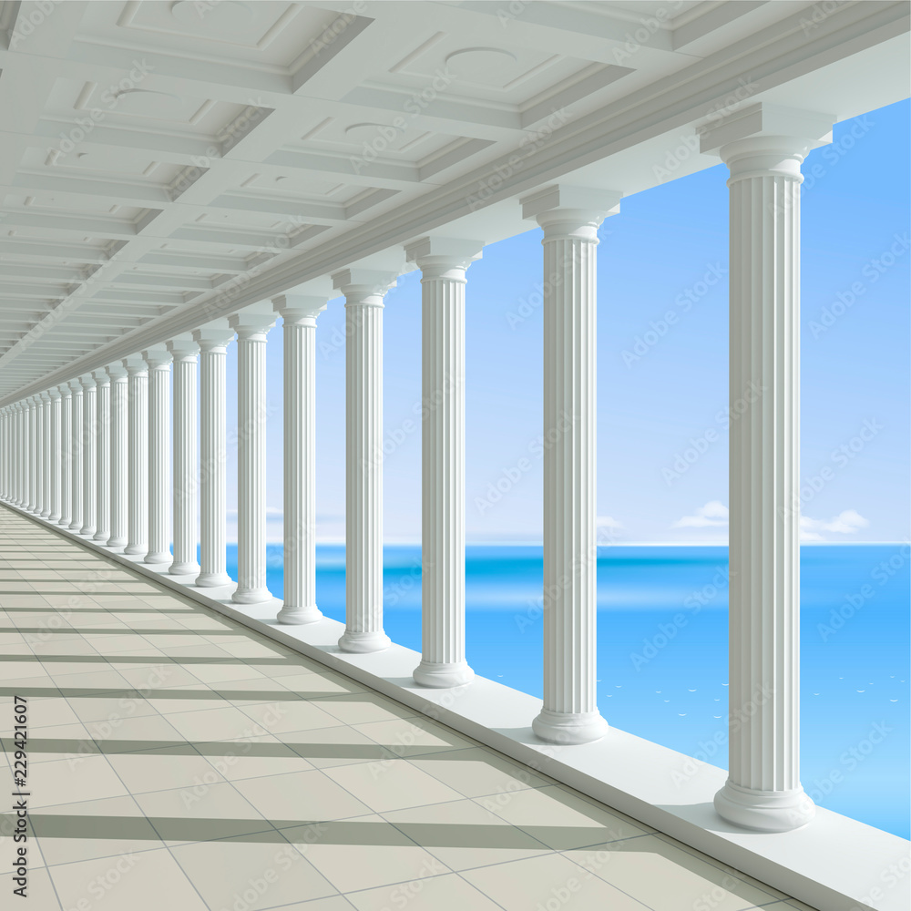 3d illustration. Antique colonnade on a background of blue sea. Hotel or Palace. Classic architecture