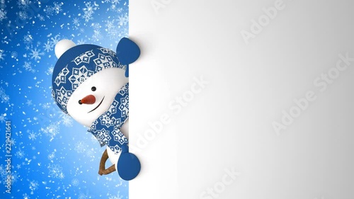 Funny Snowman in Blue Cap Greeting with Hand and Smiling on Snowfall Background. Beautiful 3d Cartoon Animation Green Screen Alpha Matte. Animated Greeting Card New Years Eve. 4k Ultra HD 3840x2160