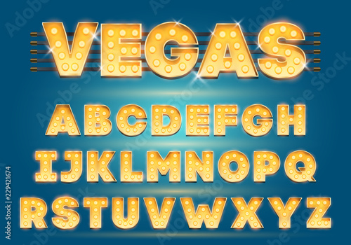 Font with lamps. Gold Light Bulb, Broadway style. Glowing sparkles Alphabet Set. Template Cartoon Vector illustration for party poster or for circus, movie show, casino, cinema.