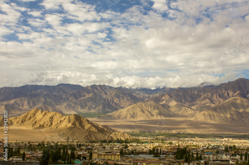 city in the mountainous Himalayan valley in the afternoon