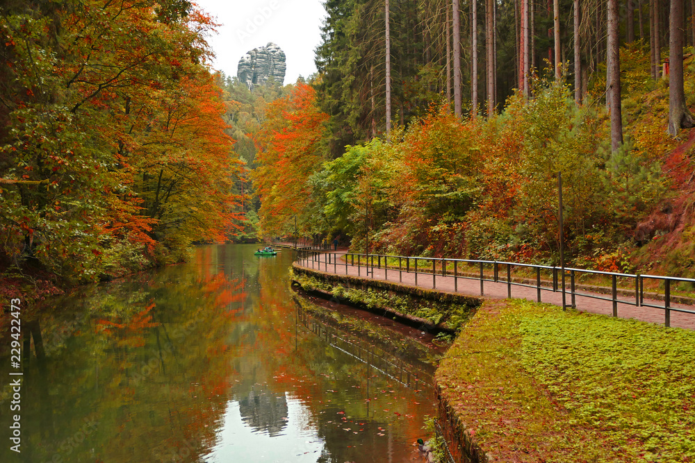 Colourful autumn view of Amselsee, Rathen, Bastei Rocks, Germany