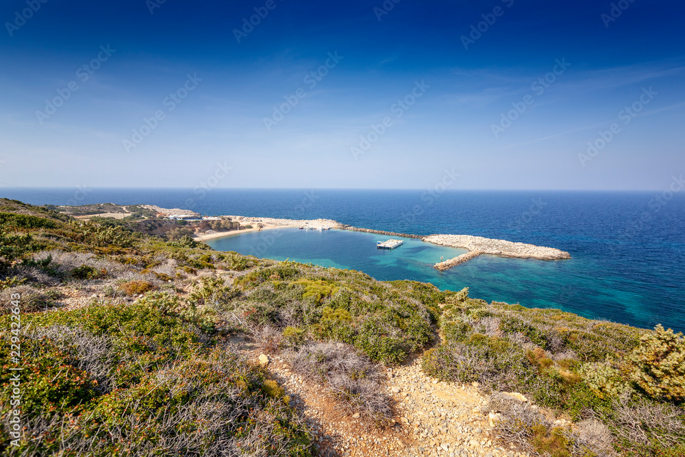 Beautiful vibrant landscape, Limnionas Bay on the island of Kos, Greece, a popular travel destination in Europe