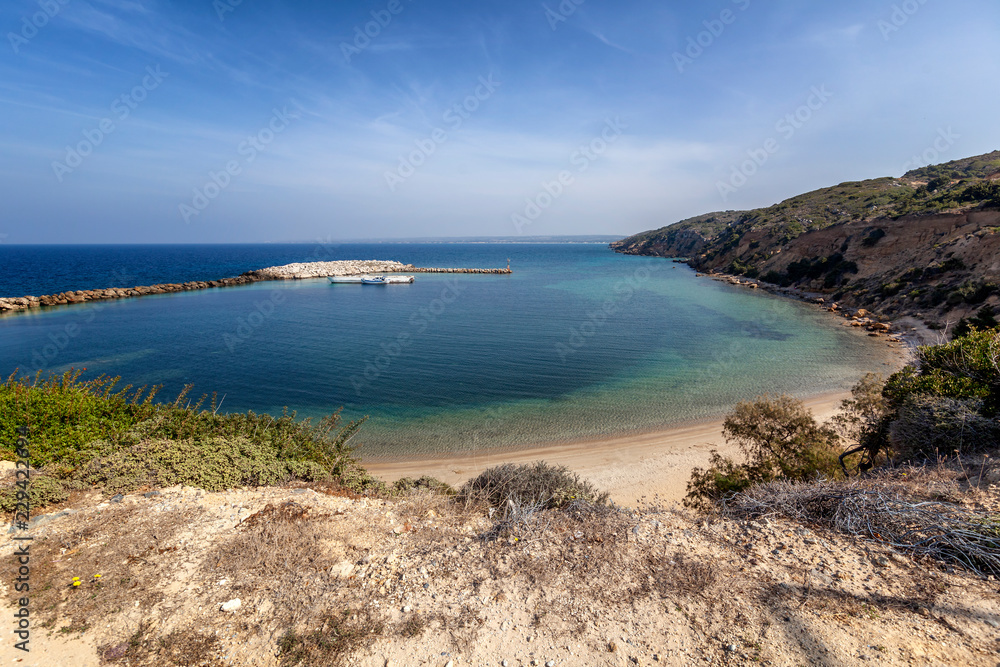 Beautiful vibrant landscape, Limnionas Bay on the island of Kos, Greece, a popular travel destination in Europe