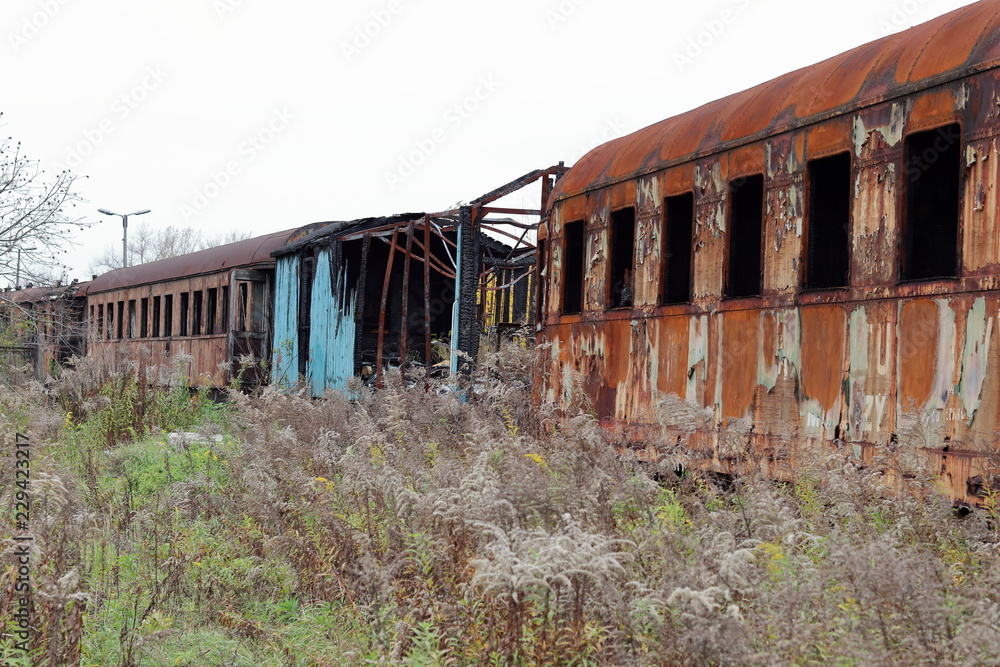 Fototapeta premium Old train wagon, abandoned, rusty, Krakow, Plaszow