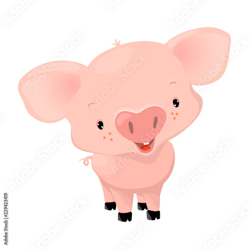 Cute pink pig with cheerful smiling face, cartoon vector illustration on white background. Comic piglet character isolated