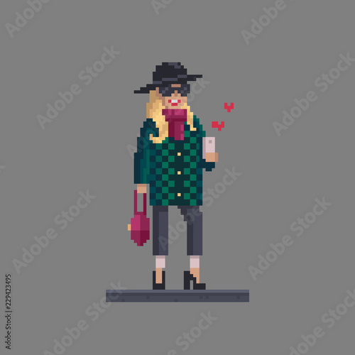 Pixel art woman personage. Fashion stylish girl with mobile phone.