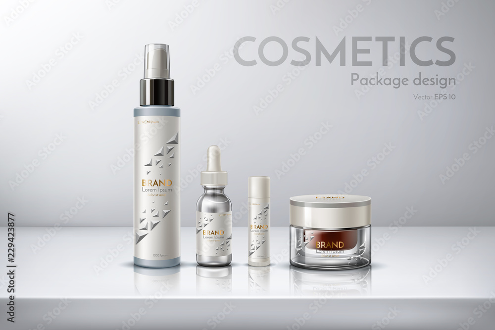 Cosmetic packaging for face cream, shower gel, spray, deodorant. 