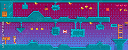 Pixel platformer with different obstruction. Background for game application.