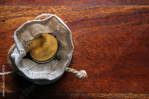 Money bag with bitcoin inside photo