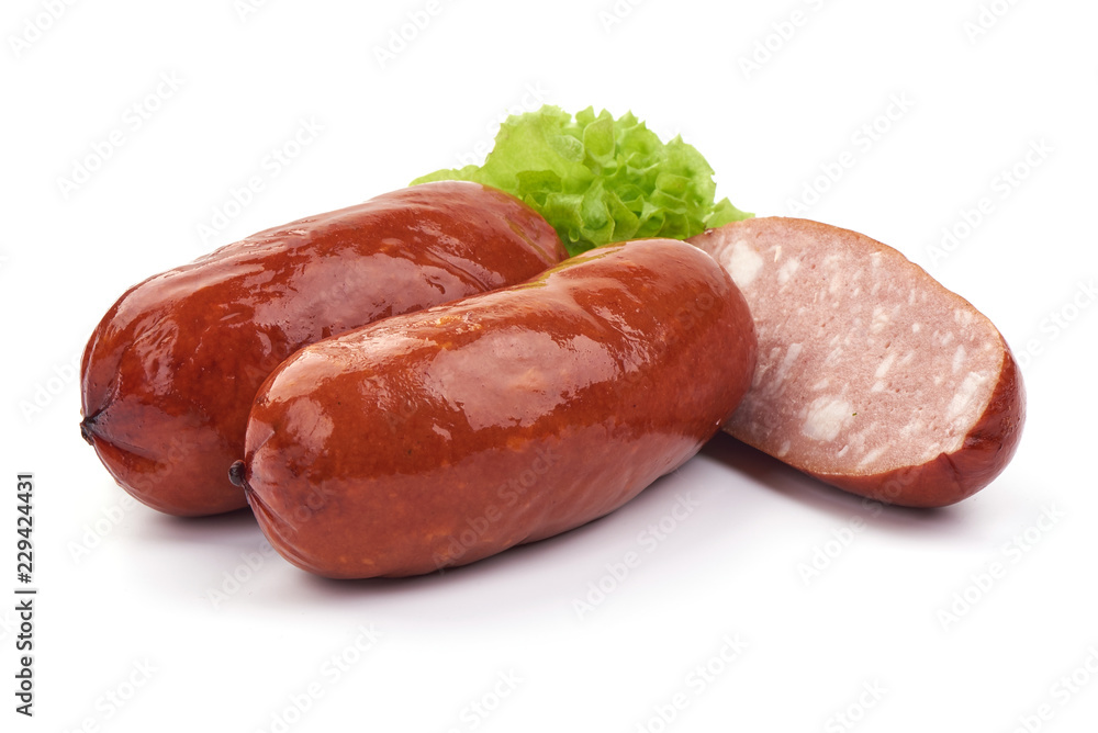 Oktoberfest Grilled Sausages with lettuce. Isolated on a white background. Close-up