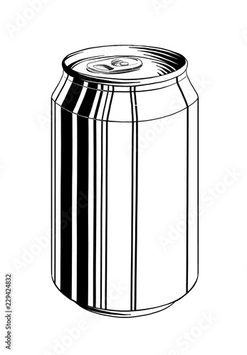 Hand drawn sketch of aluminum can in black isolated on white background. Detailed vintage style drawing, for posters, decoration and print.. Vector illustration