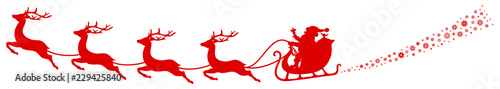 Christmas Sleigh Santa & 4 Flying Reindeers Red Swirl