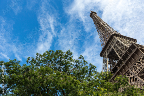 View of the Eiffel Tower in the city of Paris in sunny day with trees in the foreground.