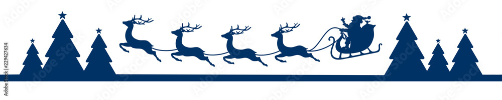 Fototapeta premium Banner Flying Christmas Sleigh Forest Blue