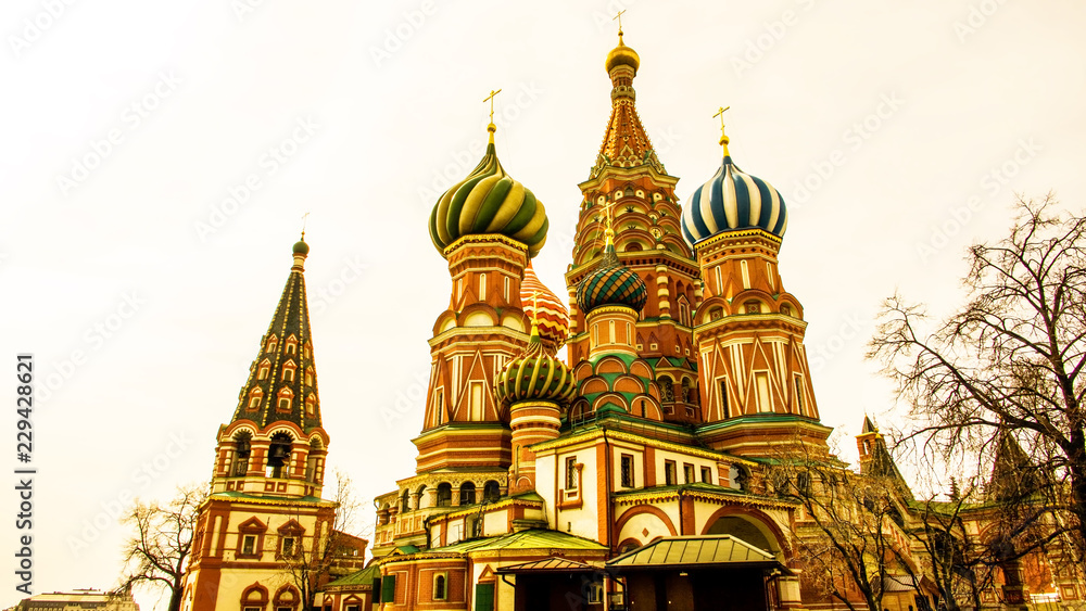St. Basil’s Cathedral towers in Red Square, Moscow, on a sunny day. St. Basil’s Cathedral towers in Red Square, Moscow, on a sunny day.