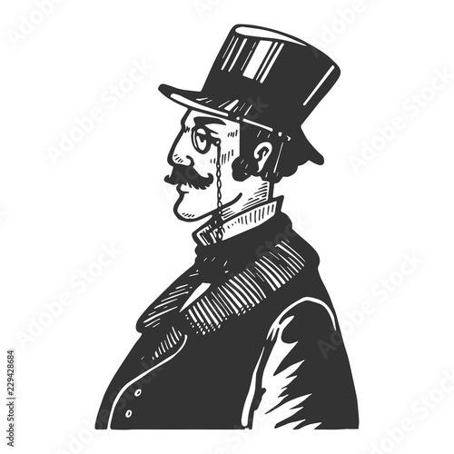 Gentleman with old fashioned phone engraving vector illustration. Scratch board style imitation. Black and white hand drawn image.