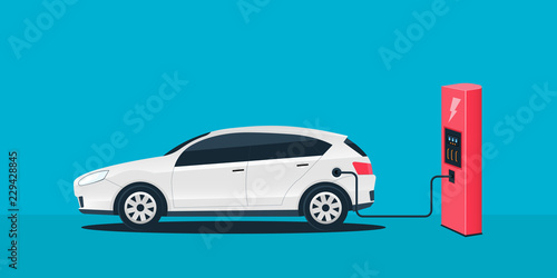Creative vector illustration of electric charging future car, charger station isolated on transparent background. Art design electromobility e-motion template. Abstract concept graphic element