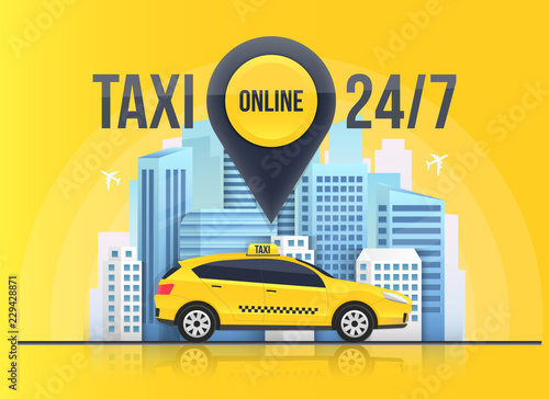 Creative vector illustration of taxi online service banner, urban city skyscrapers isolated on transparent background. Art design mobile app template. Abstract concept graphic element