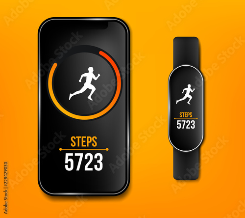 Creative vector illustration of fitness counter run app in phone and wrist band bracelet, activity tracker isolated on background. Art design smartphone template. Abstract concept graphic element