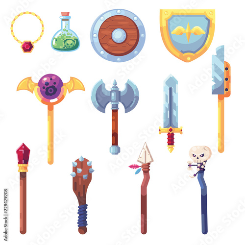 Weapon RPG game set equipment loot booty bow sword wand staff poison things artifact inventory vector