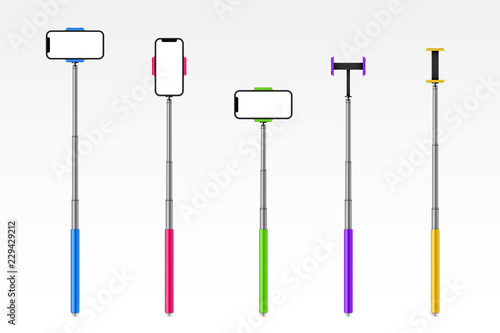 Creative vector illustration of monopod selfie stick with phone, smartphone isolated on transparent background. Art design template. Abstract concept graphic element