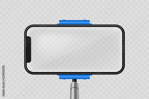 Creative vector illustration of monopod selfie stick with empty phone mobile screen isolated on transparent background. Art design mock up smartphone photo template. Abstract concept graphic element