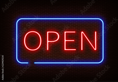 Neon Open sign light vector isolated on dark red brick wall. Night frame light decoration. Realistic