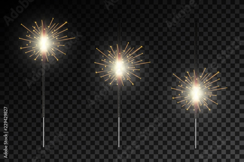 Creative vector illustration of christmas bengal fire glow light sparks isolated on transparent background. Art design bright fireworks template. Abstract concept graphic festive magic element