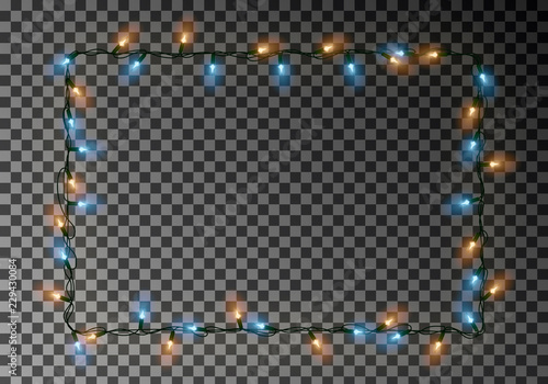 Christmas lights border vector, light string frame isolated on dark background with copy space. Tran