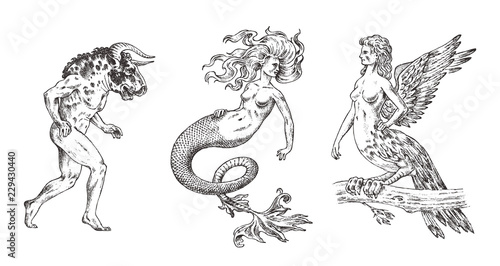 Set of Mythological animals. Mermaid Minotaur Harpy Woman Bird. Greek creatures. Engraved hand drawn antique old vintage sketch.