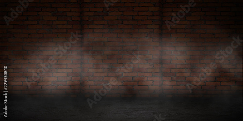 Background of empty brick wall  concrete floor  neon light  searchlight rays  smoke  smog
