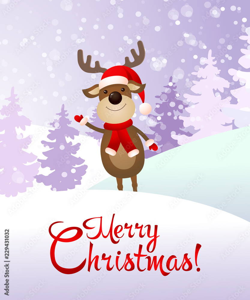 Merry Christmas and Happy New Year and deer banner design. Creative calligraphy with cartoon character of deer. Snowy trees on background. Can be used for posters, banners, greetings Merry Christmas and Happy New Year and deer banner design. Creative calligraphy with cartoon character of deer. Snowy trees on background. Can be used for posters, banners, greetings