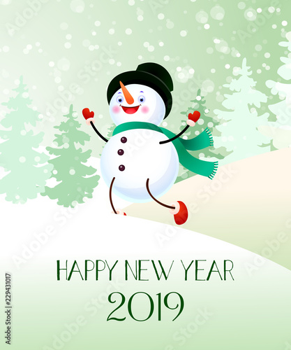 Happy New Year with and snowman banner design. Creative calligraphy with cartoon character of snowman and numbers. Snowy trees on background. Can be used for posters  banners  greetings