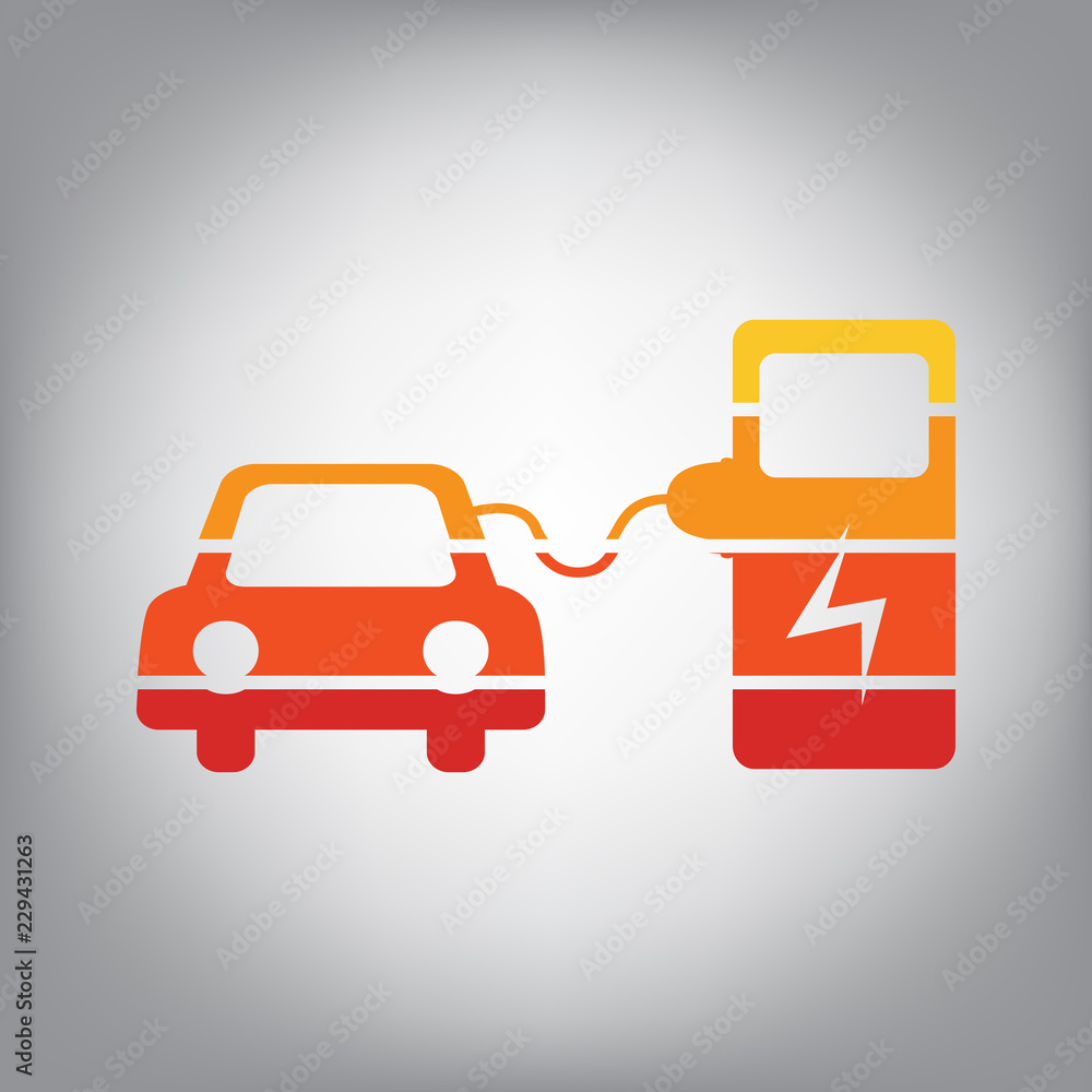 Electric car battery charging sign. Vector. Horizontally sliced icon with colors from sunny gradient in gray background. Illustration. Electric car battery charging sign. Vector. Horizontally sliced icon with colors from sunny gradient in gray background. Illustration.