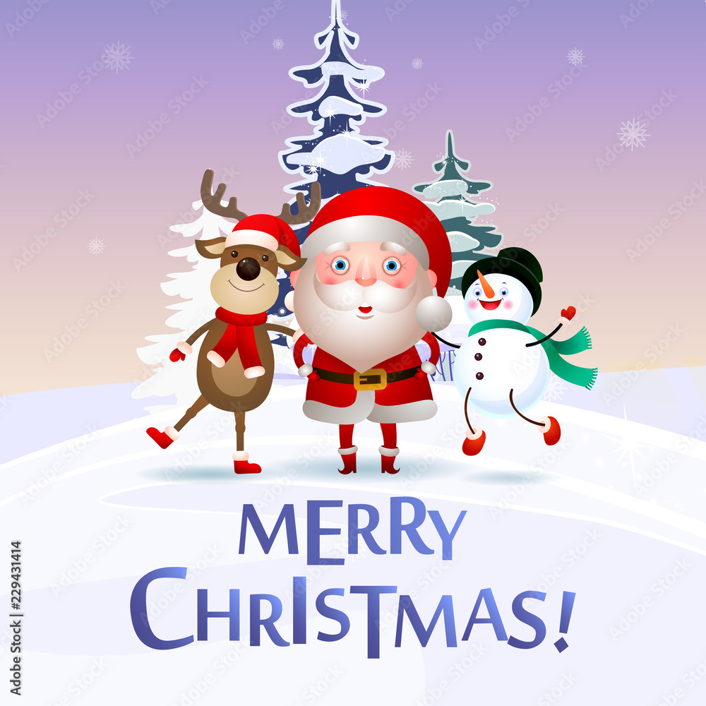 Merry Christmas poster design with snowman, deer and Santa Claus. Creative lettering with funny cartoon characters dancing. Snowy trees on background. Can be used for postcards, banners, leaflets Merry Christmas poster design with snowman, deer and Santa Claus. Creative lettering with funny cartoon characters dancing. Snowy trees on background. Can be used for postcards, banners, leaflets
