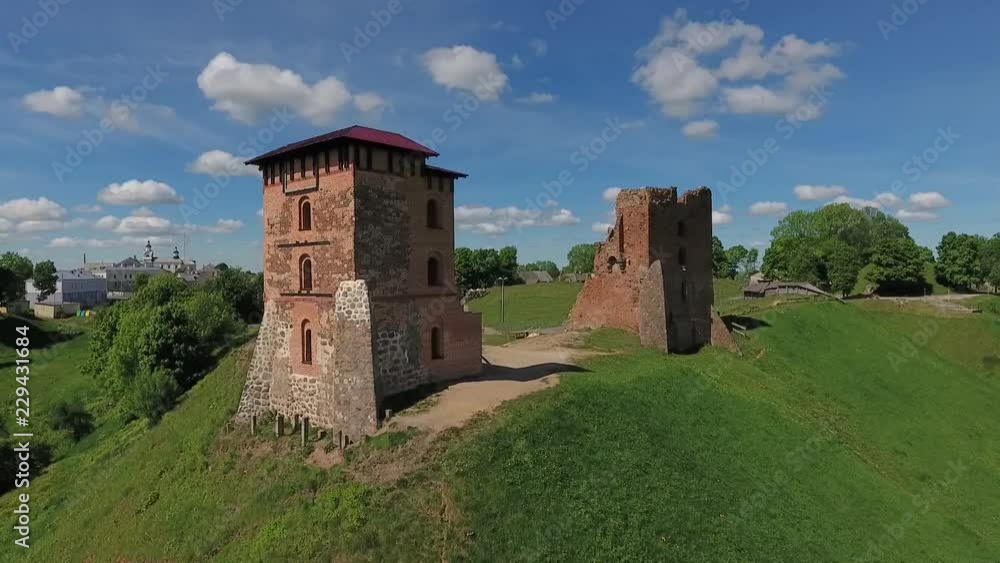 Tower Shchitovka. Ruins of Mindovg Castle. Novogrudok. Belarus. Shoot by drone Tower Shchitovka. Ruins of Mindovg Castle. Novogrudok. Belarus. Shoot by drone