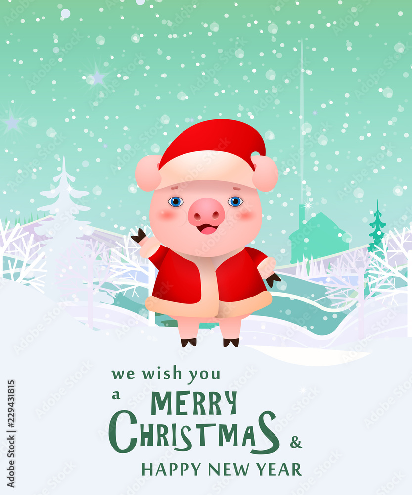 Wishing Merry Christmas and Happy New Year with piggy banner design. Creative calligraphy with cartoon character of pig. Snowy trees on background. Can be used for posters, banners, greetings Wishing Merry Christmas and Happy New Year with piggy banner design. Creative calligraphy with cartoon character of pig. Snowy trees on background. Can be used for posters, banners, greetings