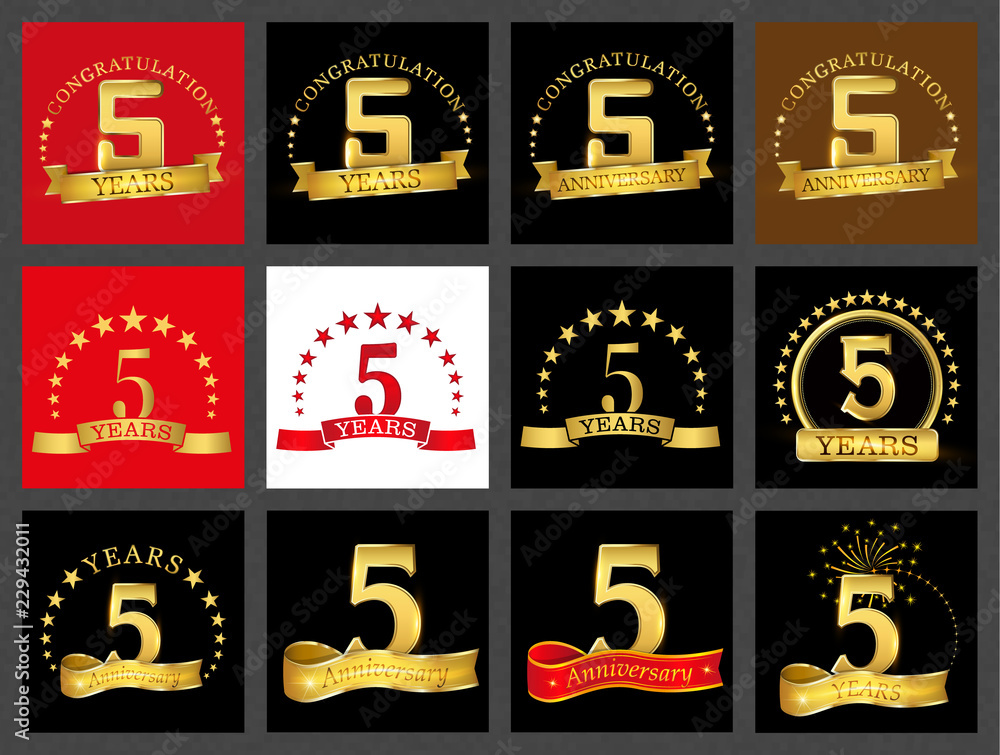 Set of number five (5 years) celebration design. Anniversary golden number template elements for your birthday party. Set of number five (5 years) celebration design. Anniversary golden number template elements for your birthday party.