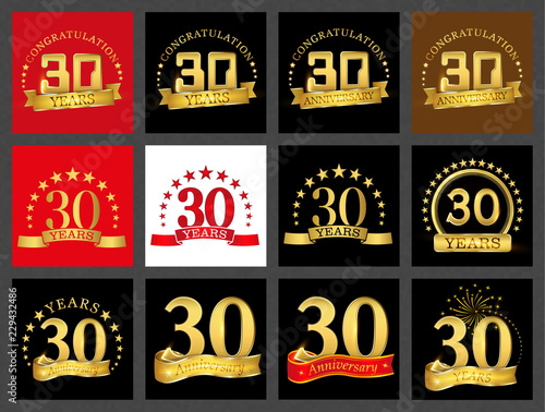 Set of number thirty (30 years) celebration design. Anniversary golden number template elements for your birthday party..