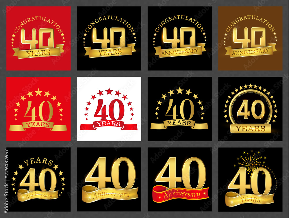 Set of number forty (40 years) celebration design. Anniversary golden number template elements for your birthday party..
