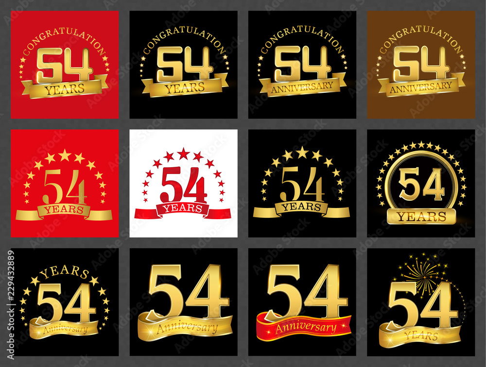 Set of number fifty-four (54 years) celebration design. Anniversary golden number template elements for your birthday party..