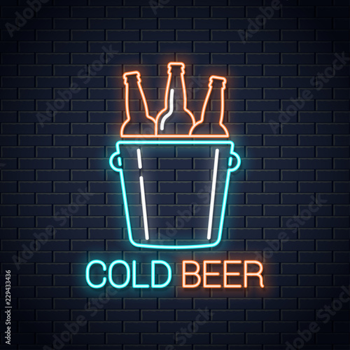 Cold beer neon banner. Beer bottles neon sign on wall background