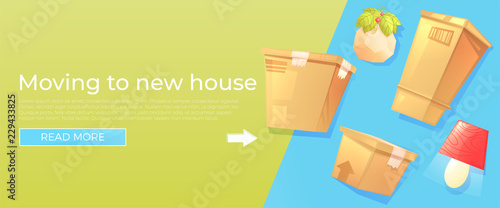 Ready move to new house banner concept. Box and furniture is rides for moving. Vector cartoon illustration