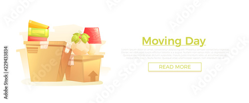 Ready move to new house banner concept. Box and furniture is rides for moving day. 